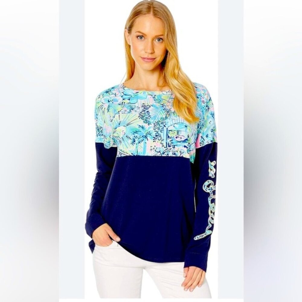 Lilly Pulitzer Finn Top Jersey Oversized Tee Color Block Stretch Graphic Print